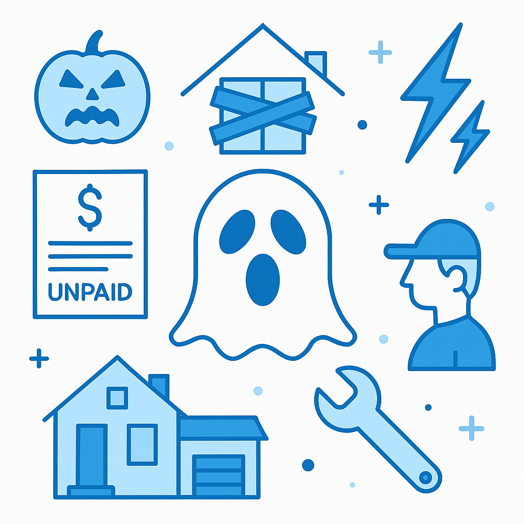 Abstract icons: unpaid bill, ghost, wrench and house