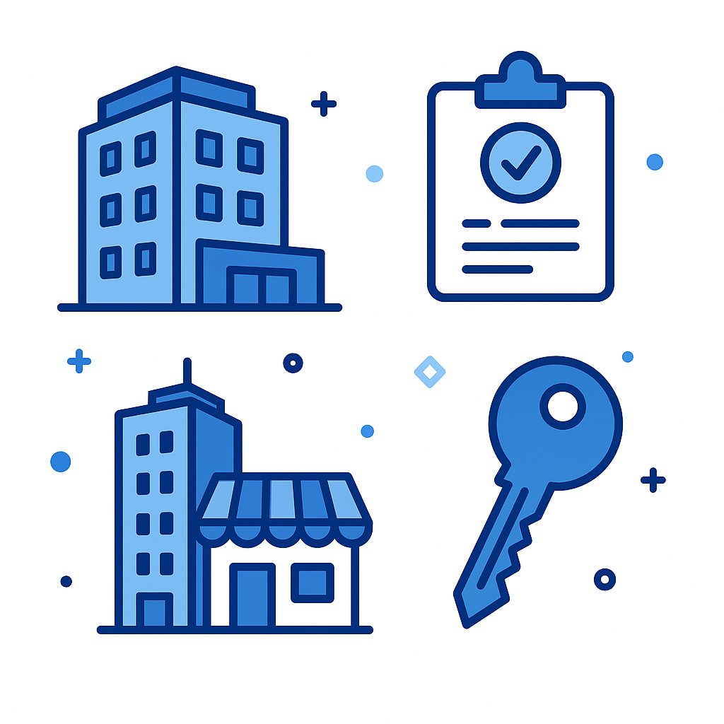 Abstract icons for Ontario commercial management: building, key, checklist